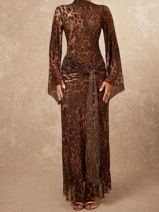 Dresses & Skirts - Coffee Brown Elegant Women's Leopard Print Oversized Sheer Tie-Up Maxi Dress